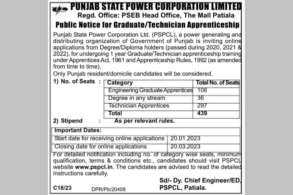 PSPCL Apprentice Recruitment 2023 [439 Post] Notification And Online Application Form