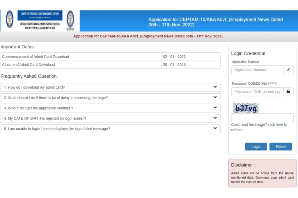 DRDO CEPTAM 10 Admit Card 2023 A and A