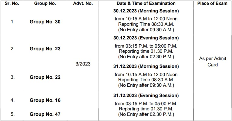 HSSC CET Exam Schedule 30 and 31 Decemer 2023