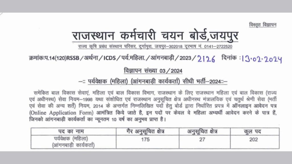 RSMSSB Female Supervisor Recruitment 2024