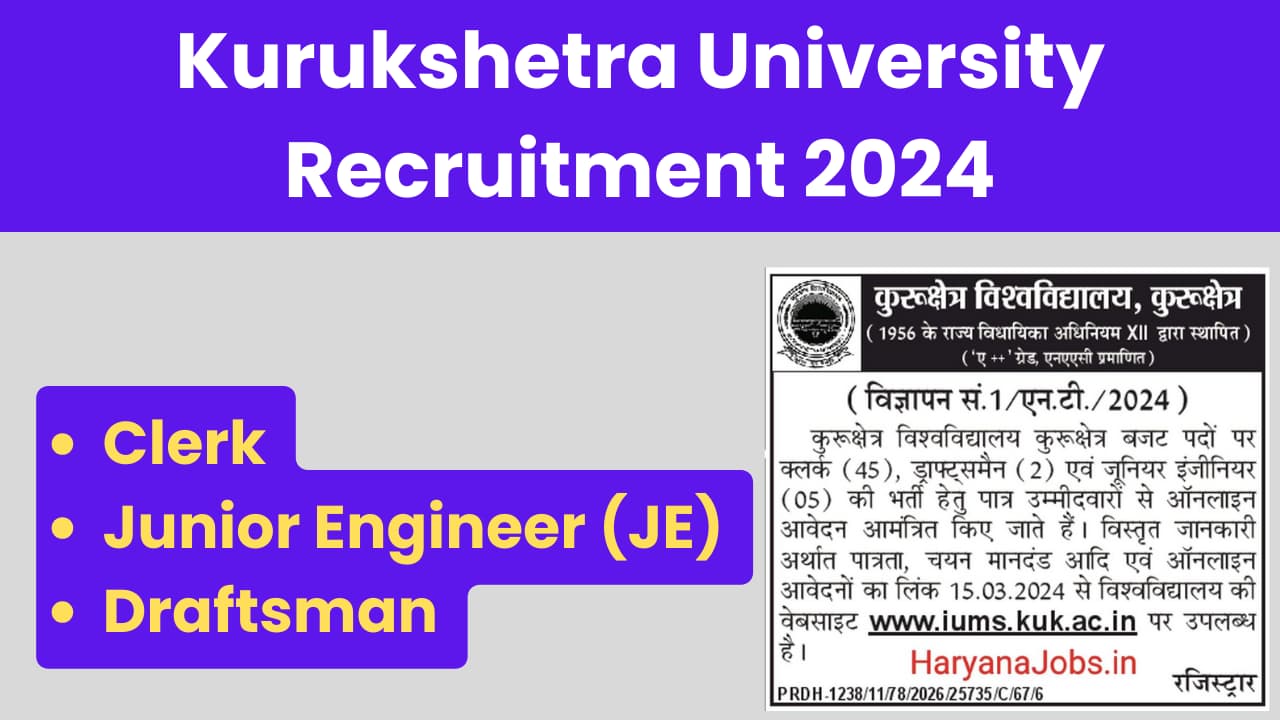 Kurukshetra University (KUK) Recruitment 2024 NonTeaching Posts Clerk